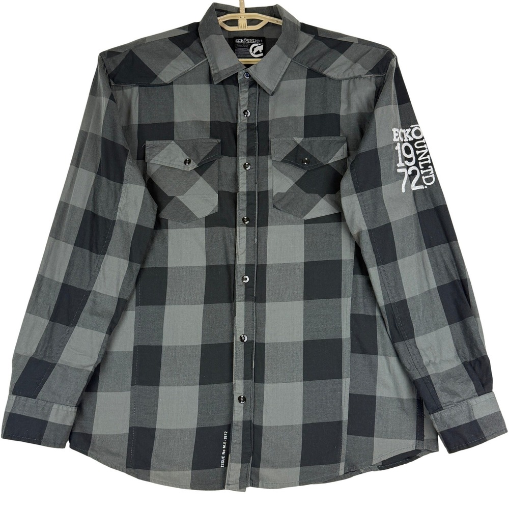 Ecko Unltd Shirt Mens XL Black Gray Plaid 1972 Embroidered Long Sleeve